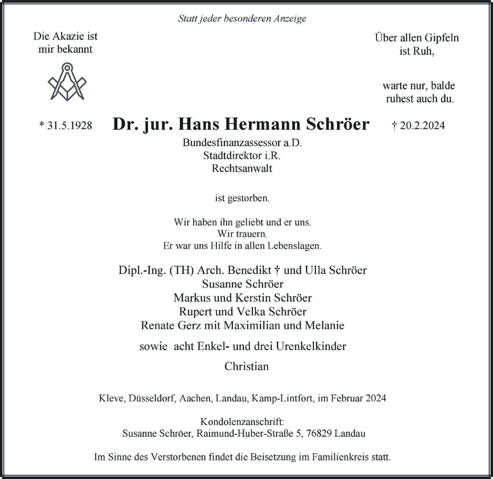  Traueranzeige für Hans Hermann Schröer vom 24.02.2024 aus NNA