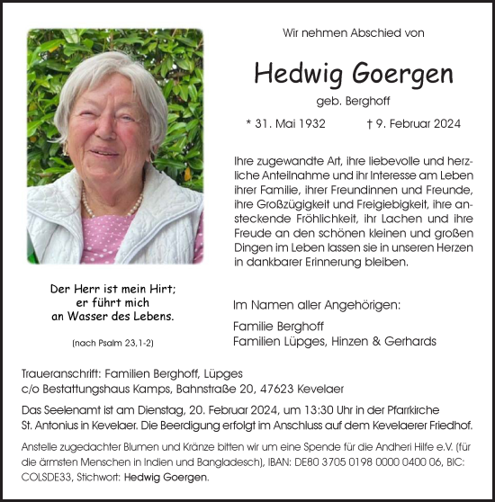 Traueranzeige von Hedwig Goergen von NNA