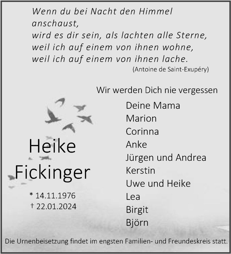  Traueranzeige für Heike Fickinger vom 03.02.2024 aus NNA