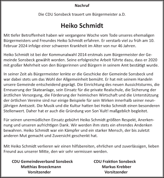 Traueranzeige von Heiko Schmidt von NNA