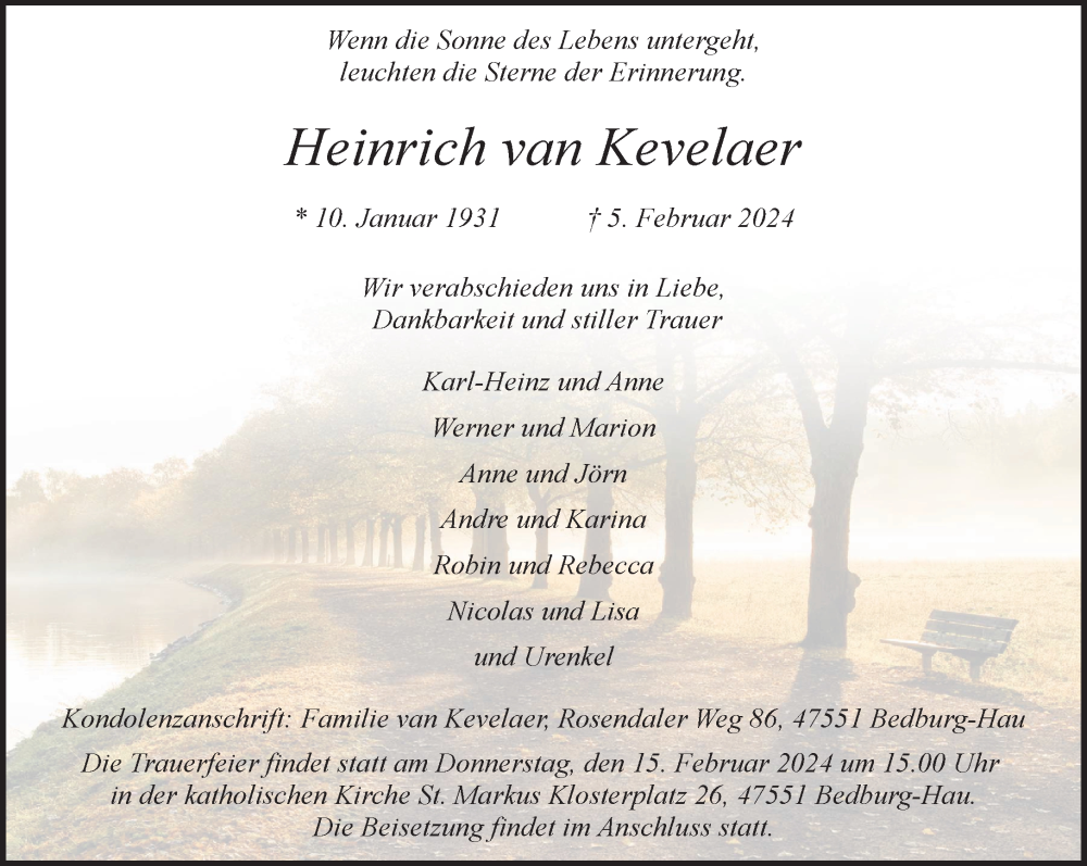  Traueranzeige für Heinrich van Kevelaer vom 10.02.2024 aus NNA