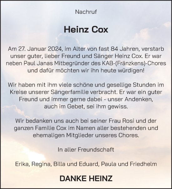 Traueranzeige von Heinz Cox von NNA