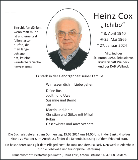 Traueranzeige von Heinz Cox von NNA