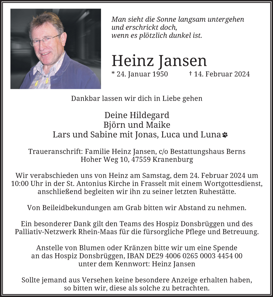  Traueranzeige für Heinz Jansen vom 21.02.2024 aus NNA