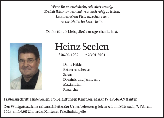 Traueranzeige von Heinz Seelen von NNA