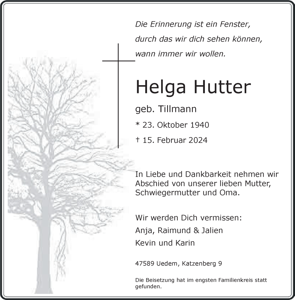  Traueranzeige für Helga Hutter vom 24.02.2024 aus NNA