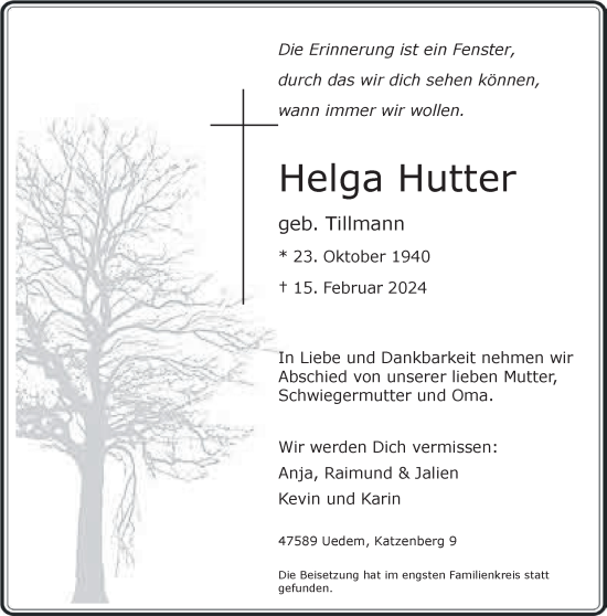Traueranzeige von Helga Hutter von NNA