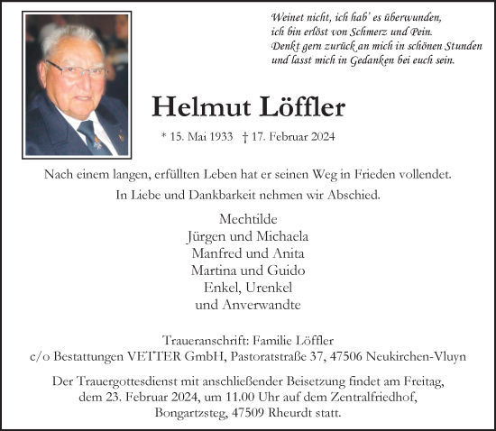 Traueranzeige von Helmut Löffler von NNA
