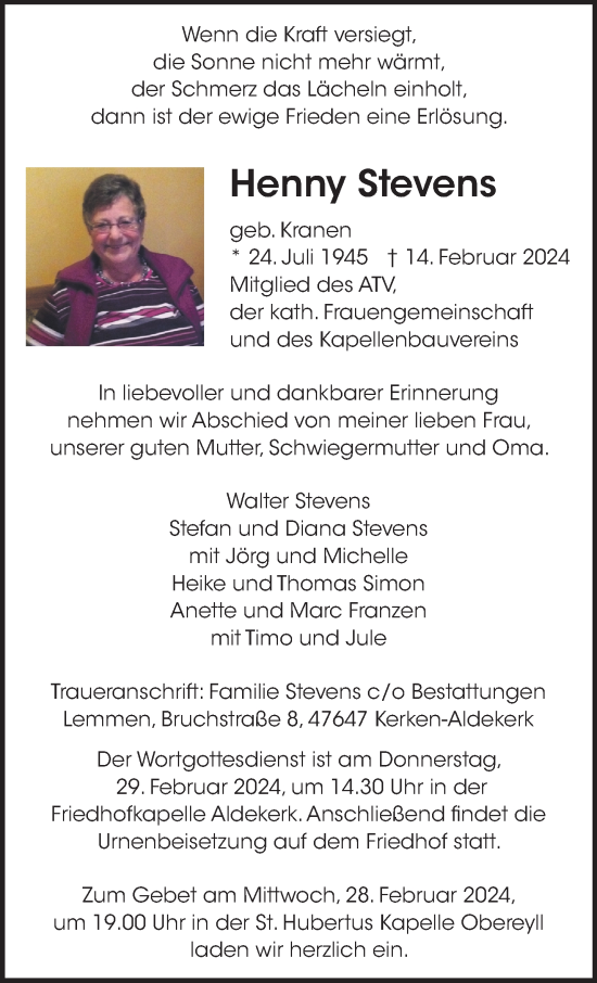 Traueranzeige von Henny Stevens von NNA