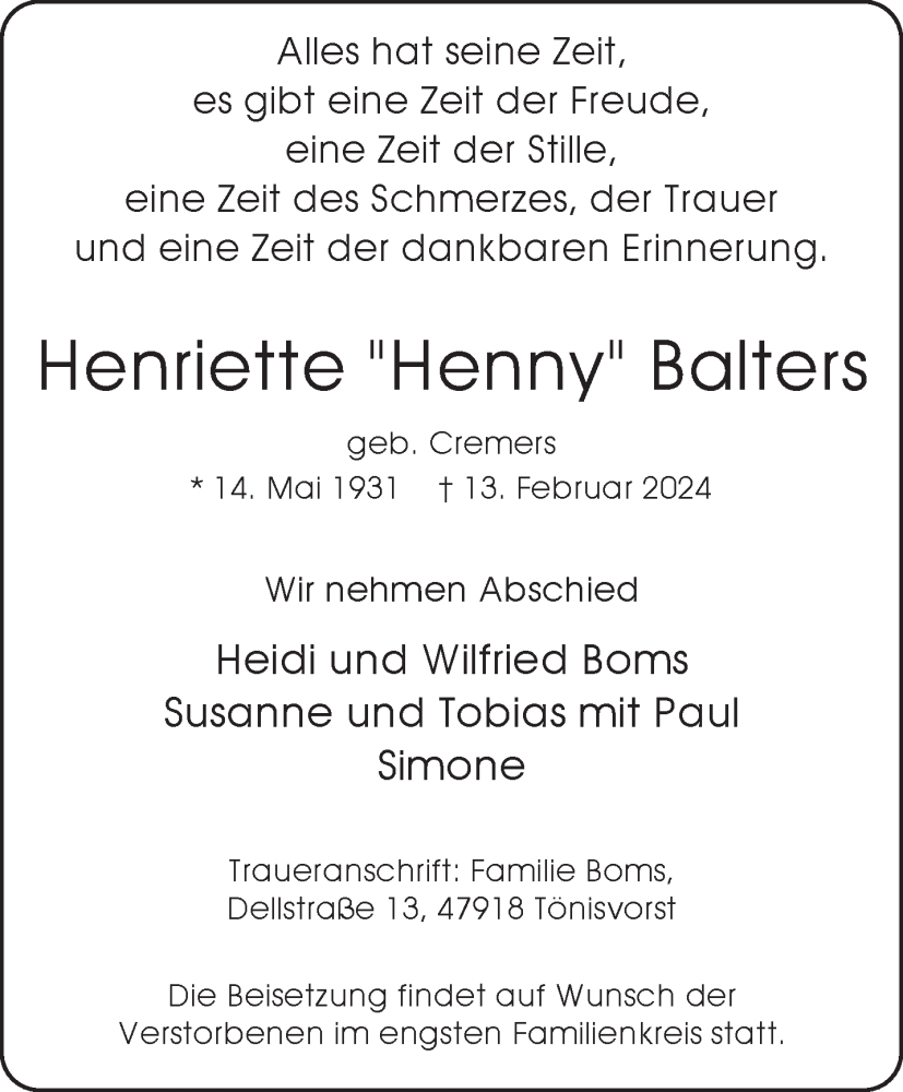  Traueranzeige für Henriette Balters vom 17.02.2024 aus NNA