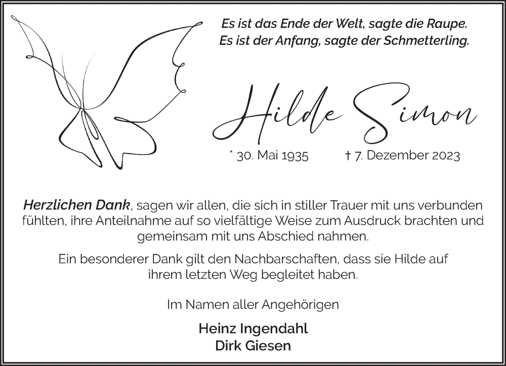  Traueranzeige für Hilde Simon vom 03.02.2024 aus NNA