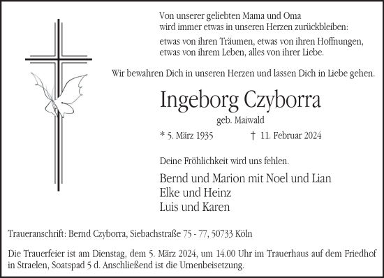 Traueranzeige von Ingeborg Czyborra von NNA