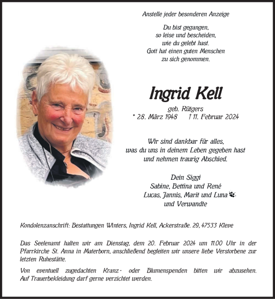 Traueranzeige von Ingrid Kell von NNA