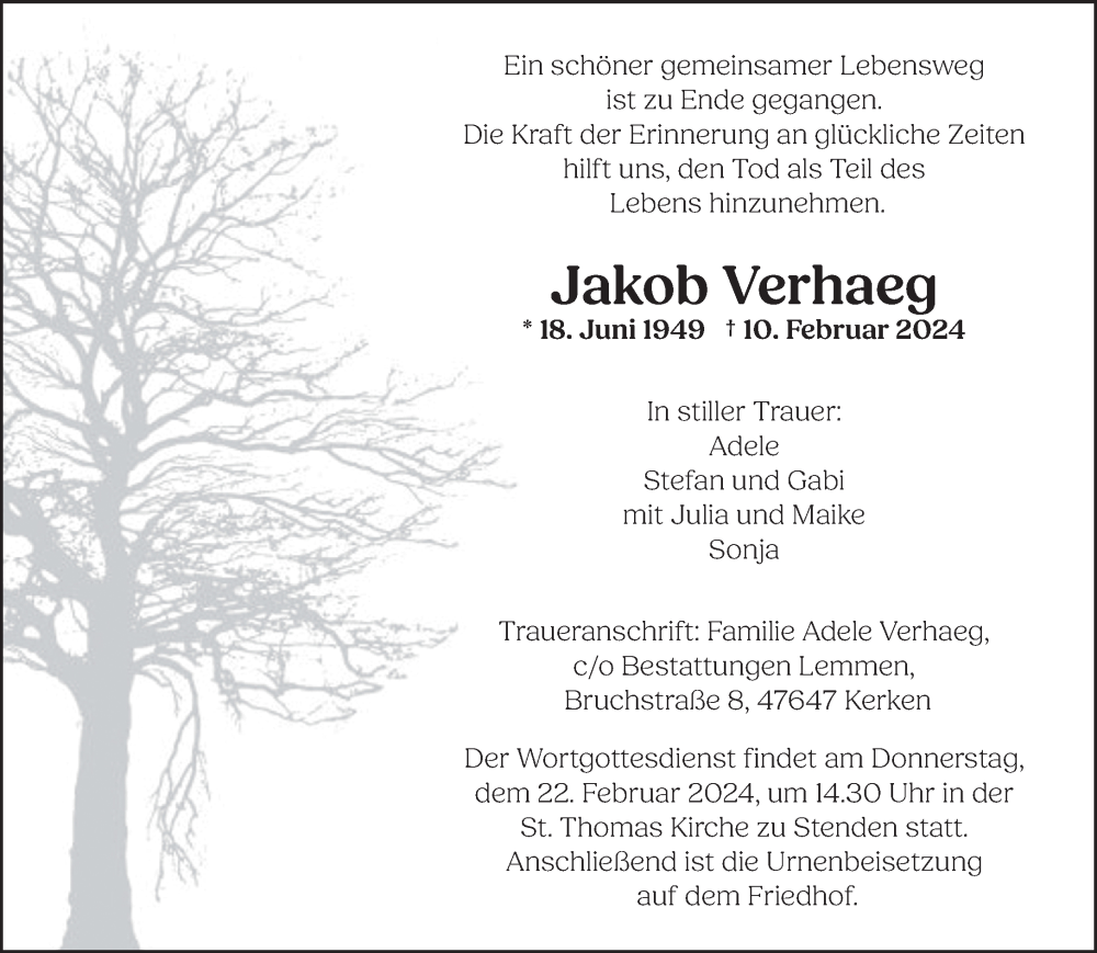  Traueranzeige für Jakob Verhaeg vom 17.02.2024 aus NNA