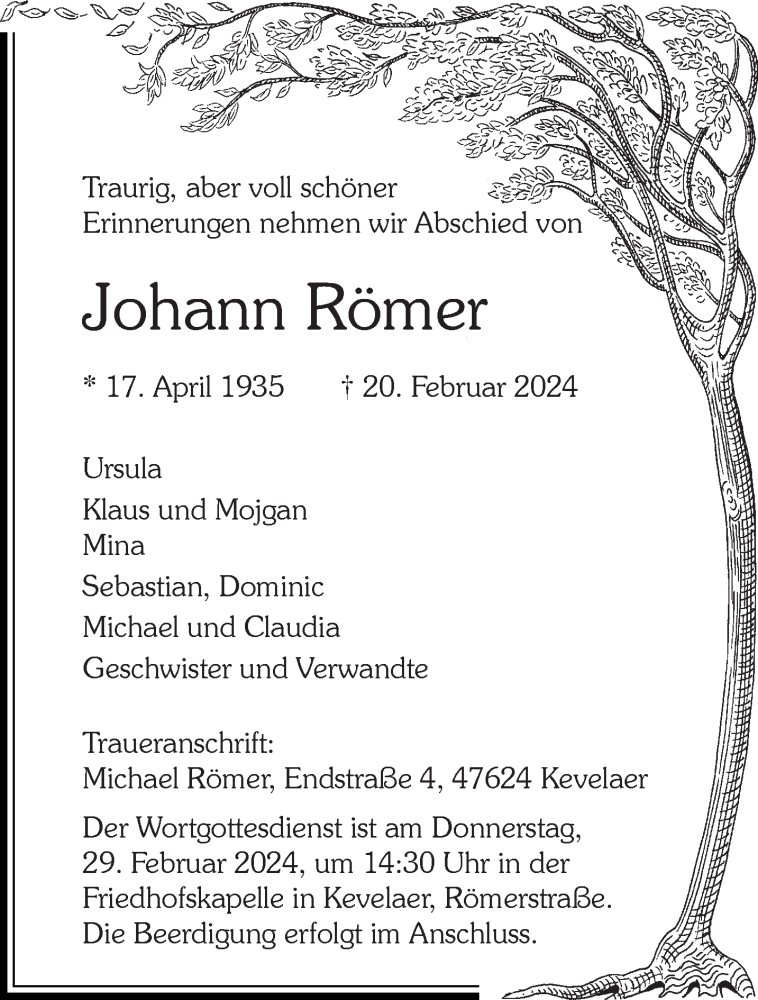  Traueranzeige für Johann Römer vom 24.02.2024 aus NNA