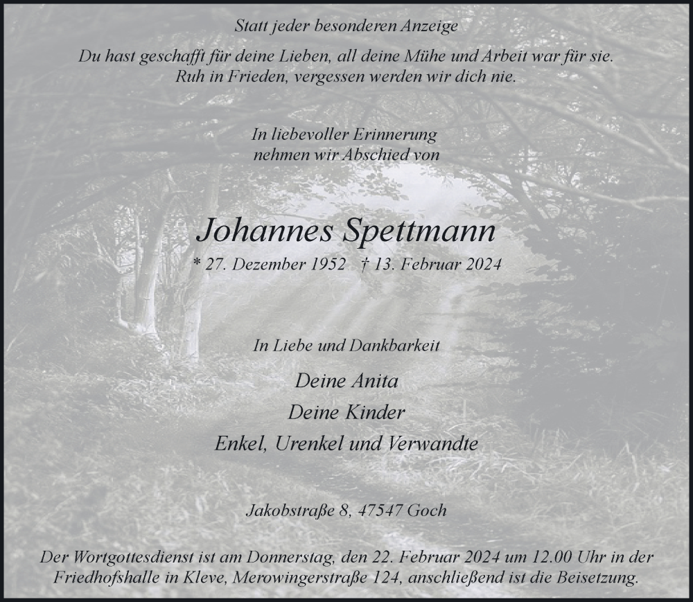  Traueranzeige für Johannes Spettmann vom 21.02.2024 aus NNA
