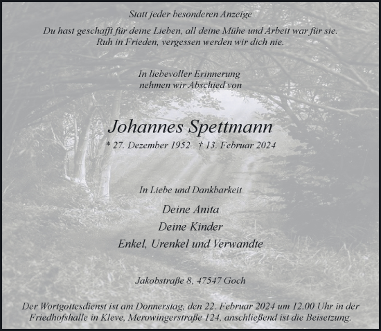 Traueranzeige von Johannes Spettmann von NNA
