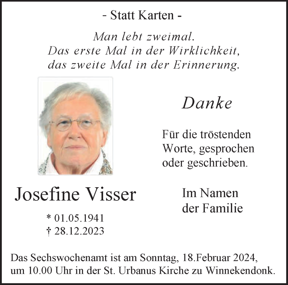  Traueranzeige für Josefine Visser vom 10.02.2024 aus NNA