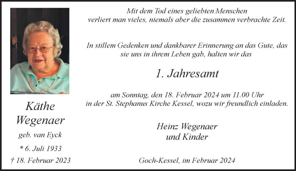  Traueranzeige für Käthe Wegenaer vom 10.02.2024 aus NNA