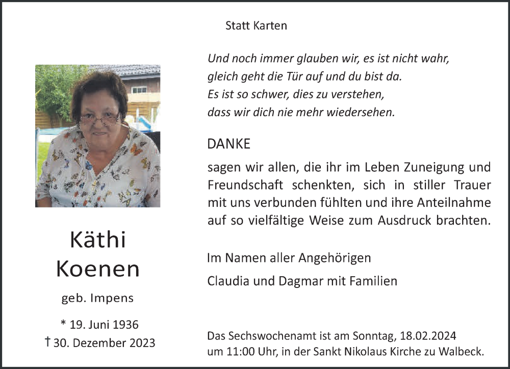  Traueranzeige für Käthi Koenen vom 10.02.2024 aus NNA