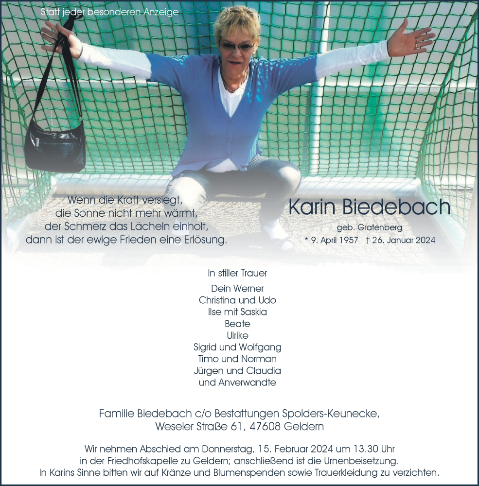  Traueranzeige für Karin Biedebach vom 10.02.2024 aus NNA