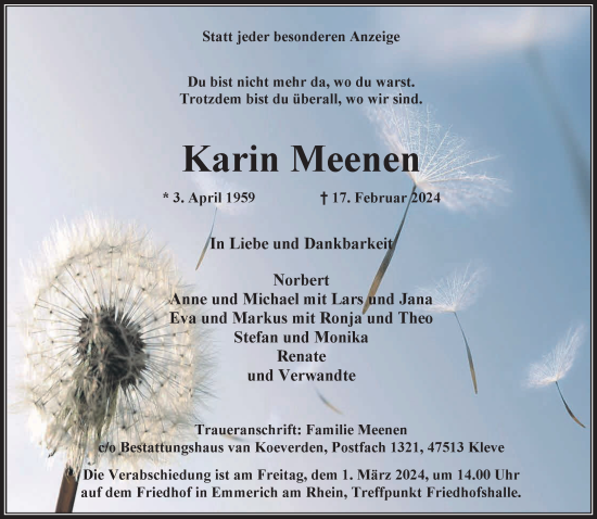 Traueranzeige von Karin Meenen von NNA