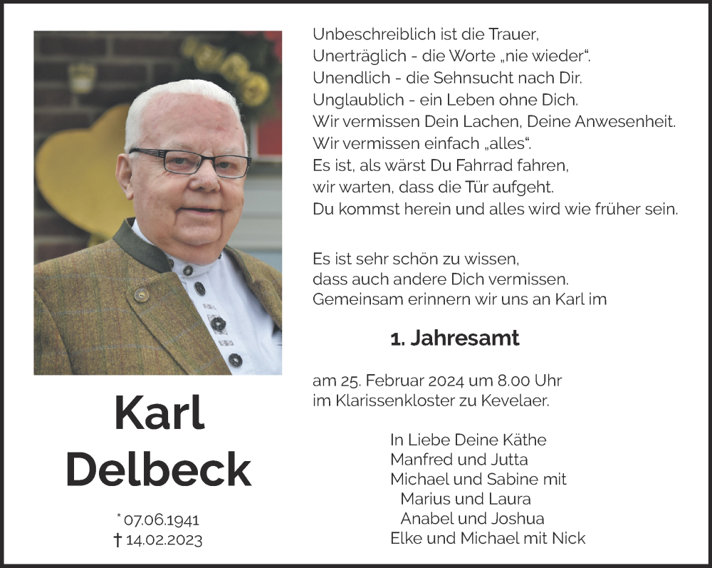  Traueranzeige für Karl Delbeck vom 17.02.2024 aus NNA