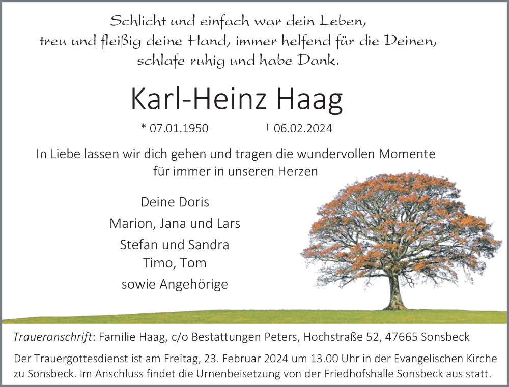  Traueranzeige für Karl-Heinz Haag vom 10.02.2024 aus NNA