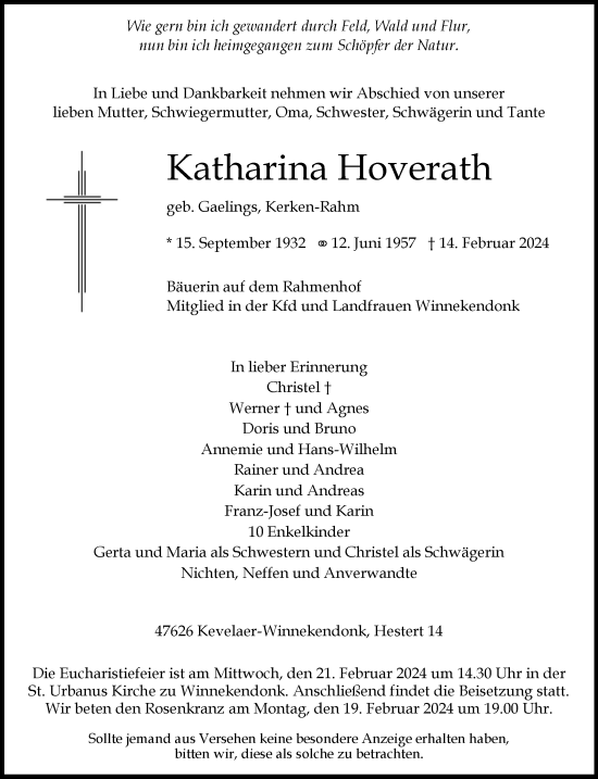 Traueranzeige von Katharina Hoverath von NNA