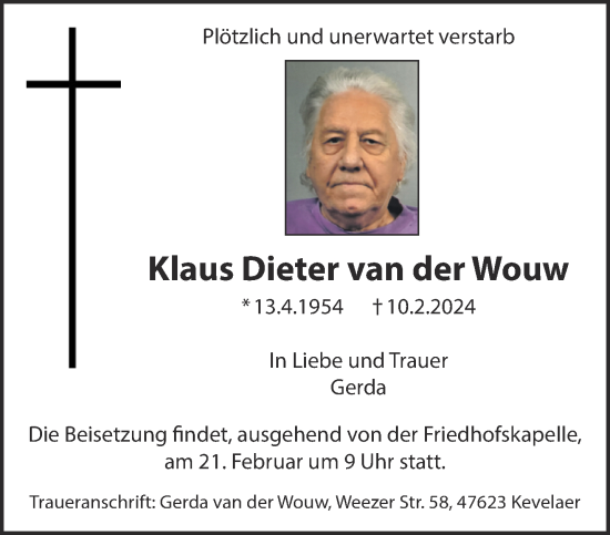 Traueranzeige von Klaus Dieter van der Wouw von NNA