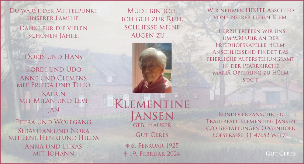  Traueranzeige für Klementine Jansen vom 24.02.2024 aus NNA