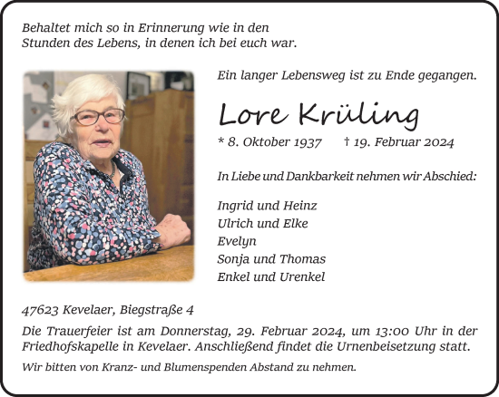 Traueranzeige von Lore Krüling von NNA