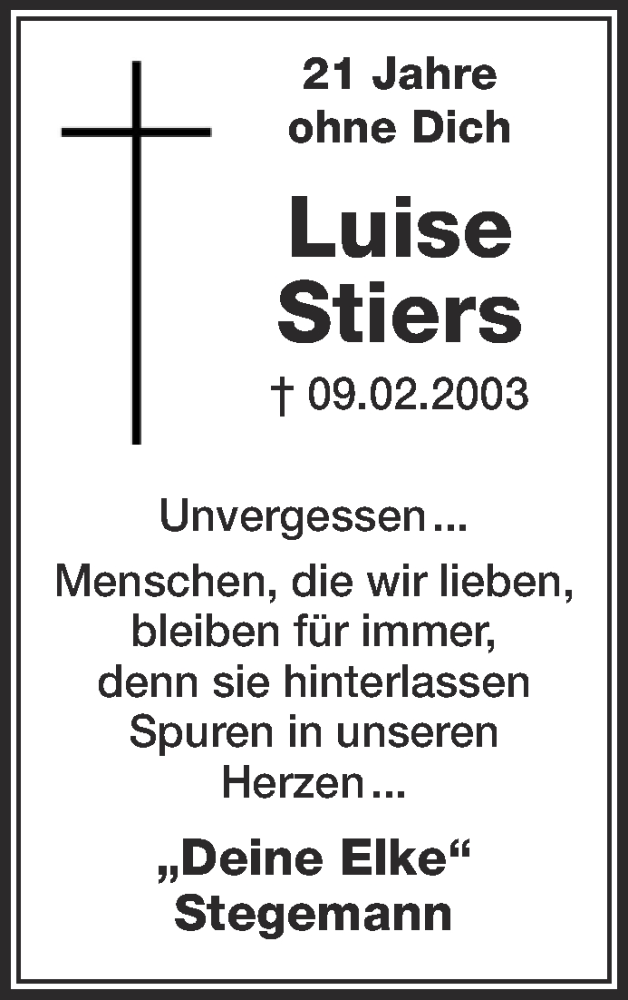  Traueranzeige für Luise Stiers vom 10.02.2024 aus NNA
