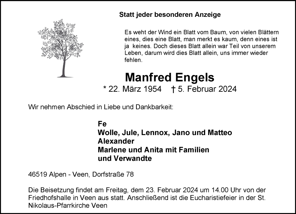  Traueranzeige für Manfred Engels vom 10.02.2024 aus NNA