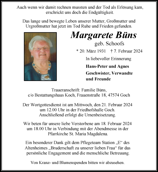 Traueranzeige von Margarete Büns von NNA