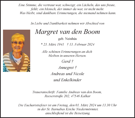 Traueranzeige von Margret van den Boom von NNA