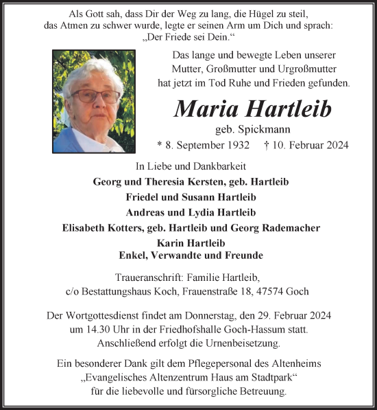 Traueranzeige von Maria Hartleib von NNA