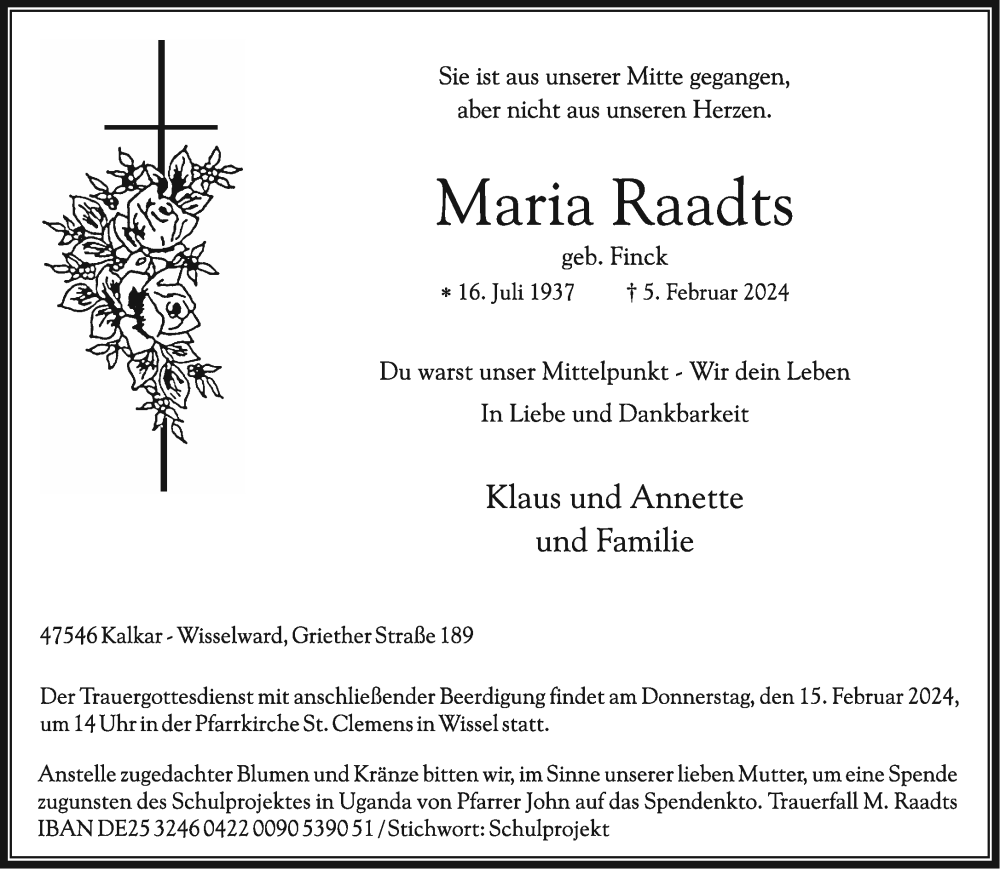  Traueranzeige für Maria Raadts vom 10.02.2024 aus NNA