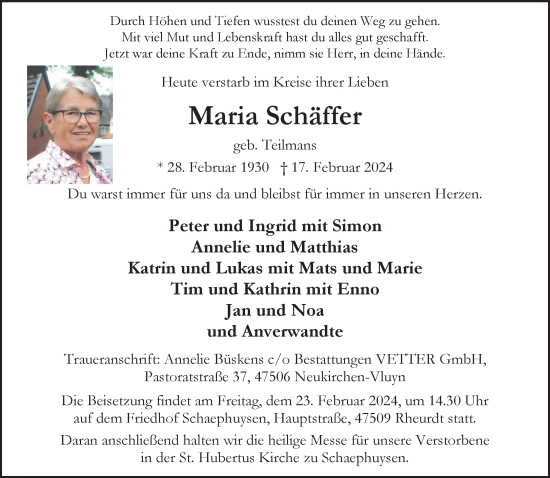 Traueranzeige von Maria Schäffer von NNA