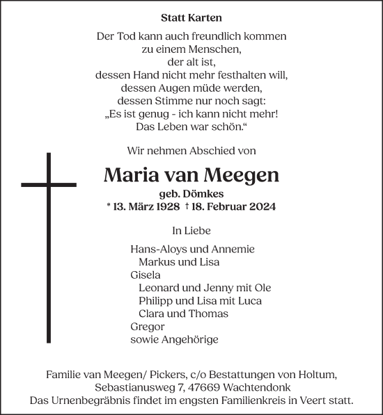 Traueranzeige von Maria van Meegen von NNA