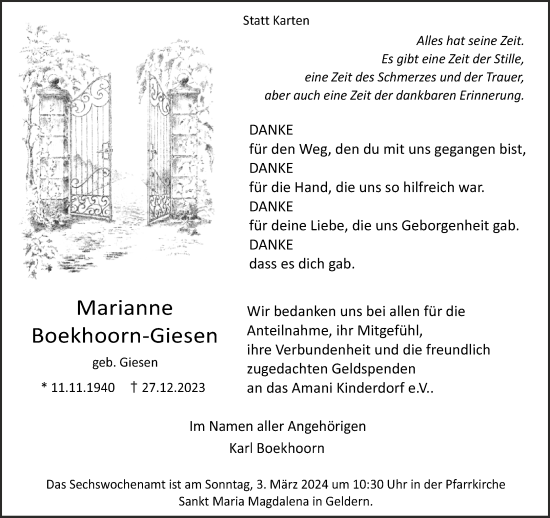 Traueranzeige von Marianne Boekhoorn-Giesen von NNA