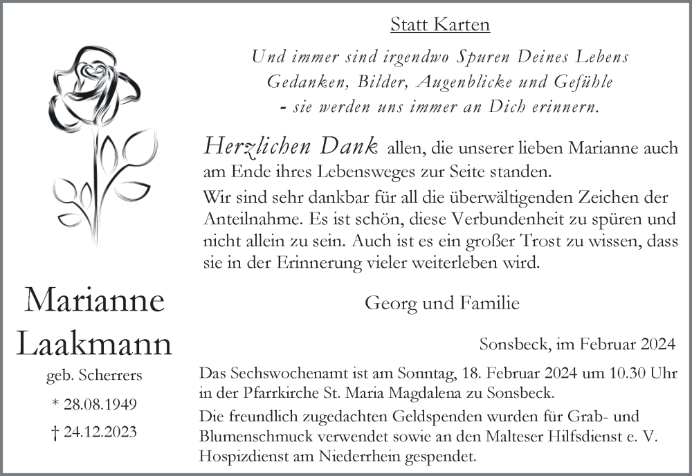  Traueranzeige für Marianne Laakmann vom 03.02.2024 aus NNA