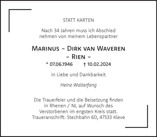 Traueranzeige von Marinus Dirk van Waveren von NNA