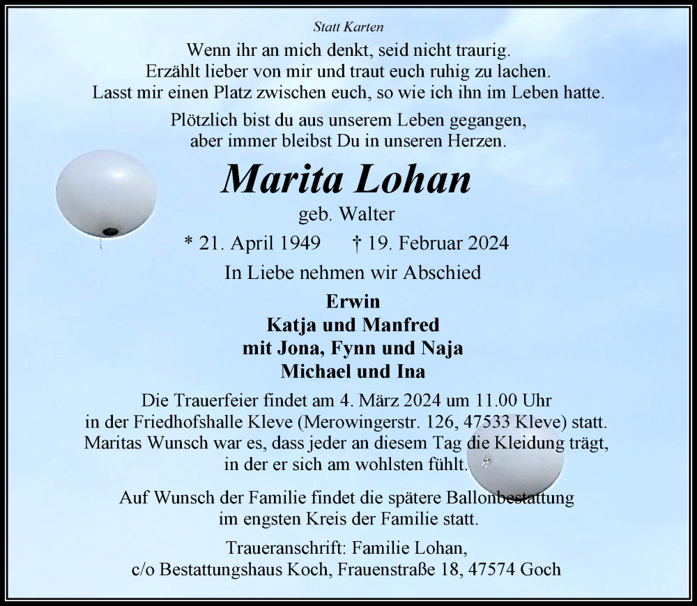  Traueranzeige für Marita Lohan vom 24.02.2024 aus NNA