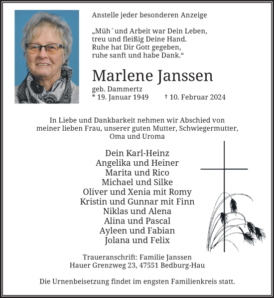 Traueranzeige von Marlene Janssen von NNA
