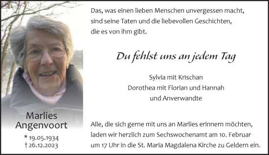 Traueranzeige von Marlies Angenvoort von NNA