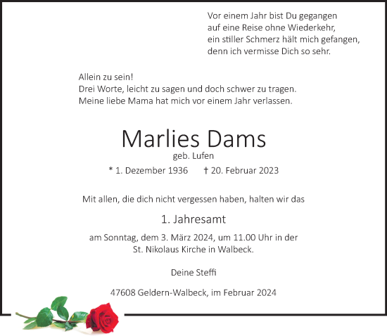 Traueranzeige von Marlies Dams von NNA