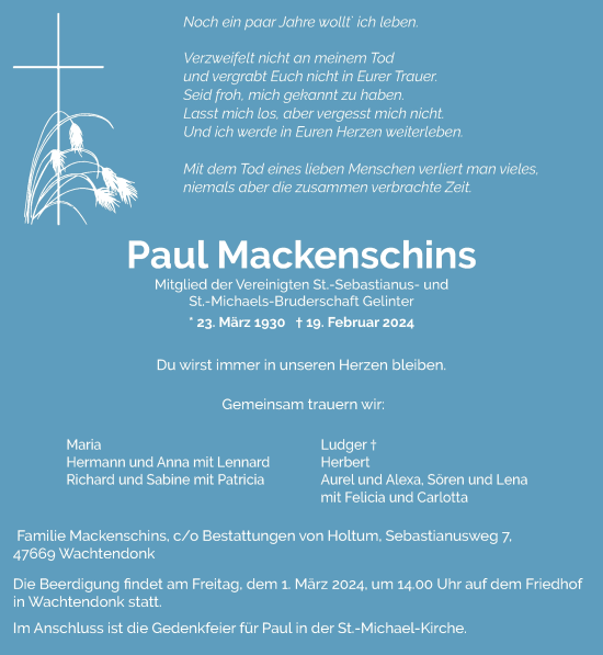 Traueranzeige von Paul Mackenschins von NNA