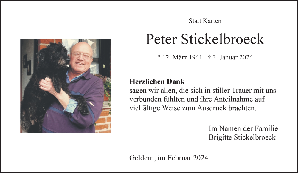  Traueranzeige für Peter Stickelbroeck vom 10.02.2024 aus NNA