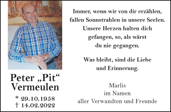 Traueranzeige von Peter Vermeulen von NNA